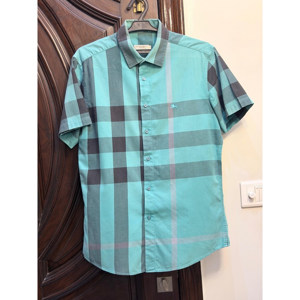 Burberry Brit Mens Short Sleeve Button Down Shirt Aqua Teal Oversized Check L